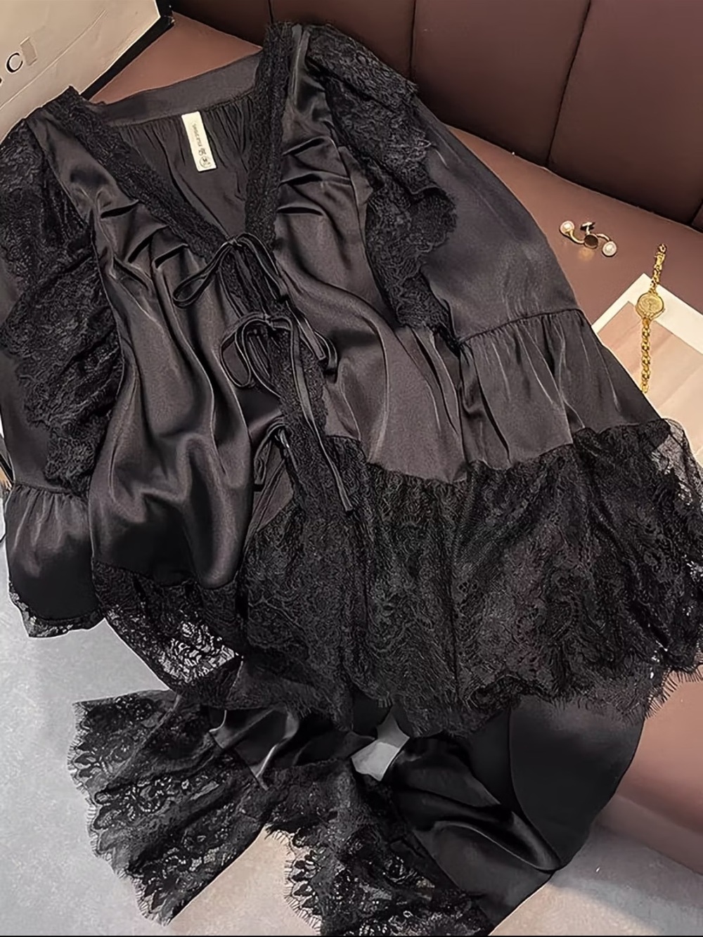 Satin Lace Tie-Front Robe - Black